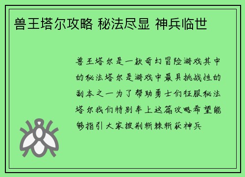 兽王塔尔攻略 秘法尽显 神兵临世