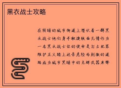 黑衣战士攻略