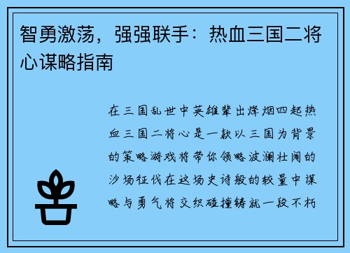 智勇激荡，强强联手：热血三国二将心谋略指南