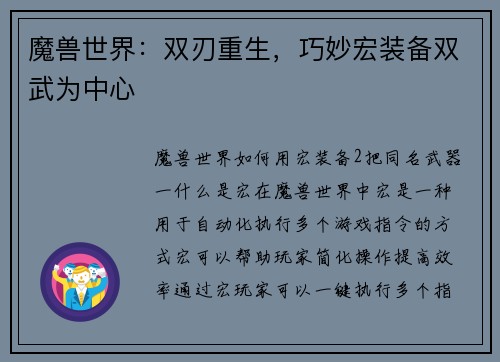 魔兽世界：双刃重生，巧妙宏装备双武为中心